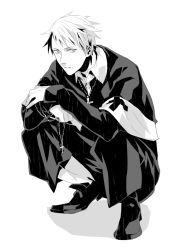 Rule 34 | 1boy, axis powers hetalia, cross, cross necklace, full body, greyscale, jewelry, kmgk, male focus, monochrome, necklace, priest, prussia (hetalia), rosary, short hair, simple background, solo, squatting