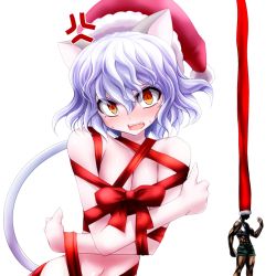 Rule 34 | 1boy, 1girl, abs, anger vein, angry, animal ears, bare shoulders, blue hair, blush, breasts, cat ears, cat tail, christmas, covering privates, covering breasts, d:, d:&lt;, fangs, full-face blush, gift wrapping, gon-san, gon freecss, hat, hunter x hunter, muscular, naked ribbon, navel, neferpitou, open mouth, orange eyes, pale skin, ribbon, santa hat, short hair, small breasts, tail, v-shaped eyebrows, watarui, wavy hair, wrapped up