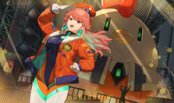 Rule 34 | 1boy, 1girl, beret, bodysuit, breasts, commission, dutch angle, earrings, factory, feather earrings, feathers, gloves, hat, highres, hololive, hololive english, hsin, indoors, jacket, jewelry, large breasts, long hair, long sleeves, looking at viewer, multicolored hair, open clothes, open jacket, orange hat, orange jacket, puffy long sleeves, puffy sleeves, robot, smile, solo, striped hair, takanashi kiara, two-tone hair, virtual youtuber, white gloves