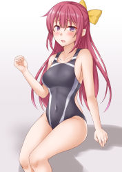 Rule 34 | 1girl, anti (untea9), black one-piece swimsuit, blush, breasts, commentary request, competition swimsuit, hair ribbon, highres, kamikaze (kancolle), kantai collection, long hair, looking at viewer, medium breasts, one-piece swimsuit, open mouth, purple eyes, purple hair, ribbon, shadow, sitting, solo, swimsuit, white background, yellow ribbon