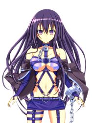 Rule 34 | 10s, 1girl, breasts, bridal gauntlets, cleavage, collar, collarbone, cowboy shot, date a live, floating hair, hair between eyes, highres, large breasts, long hair, looking at viewer, microskirt, midriff, navel, purple eyes, purple hair, purple skirt, skirt, smile, solo, standing, stomach, transparent background, tsunako, underboob, very long hair, yatogami tooka