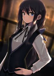 Rule 34 | black hair, black pants, black ribbon, black vest, blue bow, blue eyes, blurry, blurry background, bow, breasts, collared shirt, depth of field, dress shirt, hair between eyes, hair bow, hand on own hip, hinomaru (futagun), long hair, long sleeves, looking at viewer, low ponytail, mole, mole under eye, neck ribbon, original, pants, parted lips, ponytail, ribbon, shirt, sidelocks, small breasts, solo, very long hair, vest, white shirt