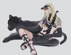 Rule 34 | 1boy, arm belt, belt buckle, black sleeves, black thighhighs, blonde hair, buckle, chest belt, crossed ankles, detached sleeves, fate/grand order, fate (series), highres, jaguar, long hair, long sleeves, looking at viewer, male focus, nezunomori, official alternate costume, one-piece swimsuit, single thighhigh, sitting, smile, solo, sunglasses, tattoo, tezcatlipoca (fate), tezcatlipoca (summer break) (fate), thighhighs, toned, toned male, tribal tattoo, turtleneck, turtleneck one-piece swimsuit, underpec