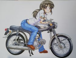 Rule 34 | 1girl, bad id, bad twitter id, belt, black belt, black hair, blue pants, blush, brown eyes, brown footwear, closed mouth, colored pencil (medium), commentary request, crossed arms, daxz240r, denim, hair tie, highres, jeans, long hair, looking at viewer, motor vehicle, motorcycle, original, pants, photo (object), ponytail, riding, shirt, shoes, short sleeves, simple background, sitting, smile, solo, t-shirt, traditional media, vehicle request, white background, white shirt