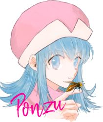 Rule 34 | 0waaa, 1girl, bee, blue eyes, blue hair, bug, character name, hat, hunter x hunter, insect, pink hat, ponzu, simple background, solo, white background