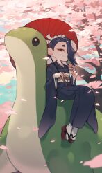 Rule 34 | 1girl, absurdres, apex legends, blue hair, blue kimono, cherry blossoms, crossover, dango, day, eating, food, food in mouth, hair over one eye, highres, japanese clothes, kimono, long sleeves, looking at viewer, nessie (respawn), nintendo, octoling, oil-paper umbrella, okobo, outdoors, petals, prat rat, red eyes, sandals, sanshoku dango, shiver (splatoon), sitting, splatoon (series), splatoon 3, tentacle hair, umbrella, wagashi, wide sleeves