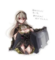 Rule 34 | 1girl, armor, armored leotard, black armor, black hairband, black leotard, breasts, cape, cleavage, closed mouth, corrin (female) (fire emblem), corrin (fire emblem), cropped legs, danno gs, faulds, fire emblem, fire emblem fates, floating hair, frown, gauntlets, gluteal fold, grey cape, hair between eyes, hairband, leotard, long hair, looking down, medium breasts, nintendo, red eyes, silver hair, simple background, small breasts, solo, standing, strapless, strapless leotard, thighs, torn cape, torn clothes, white background