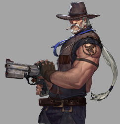 Rule 34 | 1boy, arm hair, arm tattoo, bara, beard, copyright request, cowboy hat, cowboy shot, facial hair, fighting stance, fl (l-fl), full beard, gun, hat, hat over one eye, holding, holding gun, holding weapon, large hands, long mustache, looking at viewer, low ponytail, male focus, muscular, muscular male, official art, old, old man, pants, pectorals, ready to draw, sidepec, solo, tattoo, thick beard, thick eyebrows, veins, veiny arms, weapon, weapon request, white hair, wrinkled skin