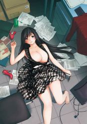 Rule 34 | 1girl, bad id, bad pixiv id, barefoot, belt, black eyes, black hair, book, box, breasts, cable, cardboard box, cleavage, dress, feet, floor, from above, high heels, keyboard, keyboard (computer), large breasts, long hair, lying, original, paper, plaid, plaid dress, pulling, room, shikishiro konomi, shoes, smile, solo, table, television, undressing