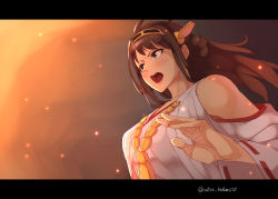 Rule 34 | 10s, 1girl, ahoge, bare shoulders, blush, brown hair, detached sleeves, double bun, embers, hair ornament, hairband, highres, japanese clothes, kantai collection, kate (alice catharsis), kongou (kancolle), letterboxed, long hair, open mouth, personification, solo