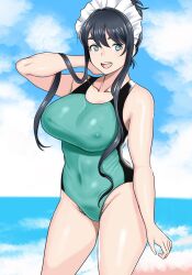 Rule 34 | 1girl, :d, arm behind head, beach, black hair, blue sky, breasts, chicken4260, cloud, cloudy sky, covered navel, cowboy shot, female pubic hair, green eyes, green one-piece swimsuit, highres, large breasts, long hair, looking at viewer, maid headdress, one-piece swimsuit, open mouth, original, outdoors, pubic hair, sand, sky, smile, solo, swimsuit, water
