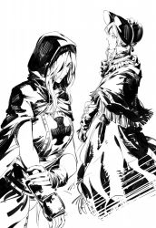 Rule 34 | 2girls, ascot, bloodborne, bonnet, cape, capelet, closed mouth, crossover, dark souls (series), dark souls ii, dress, emerald herald, gauntlets, greyscale, hair over one eye, highres, hood, hood up, hooded cape, long sleeves, looking at viewer, monochrome, multiple girls, one eye covered, plain doll, ruukii drift, simple background, standing, tabard, white background