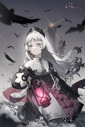 Rule 34 | 1girl, absurdres, arknights, arm at side, belt, bird, black dress, black gloves, capelet, closed mouth, cloud, cloudy sky, cross scar, crow, dated, dress, earrings, facial scar, flock, flying, gloves, grey eyes, hair lift, harness, highres, holding lamp, irene (arknights), jewelry, lantern, lighthouse, long hair, long sleeves, maorongxingqiu, puffy long sleeves, puffy sleeves, rain, red pupils, scabbard, scar, scar across eye, scar on cheek, scar on face, serious, sheath, signature, sky, solo, sword, walking, weapon, white hair, wind, wind lift