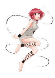 Rule 34 | 1girl, absurdres, ankle lace-up, bad id, bad pixiv id, barefoot, blush, breasts, chain, cross-laced footwear, cuffs, dress, feet, highres, magi the labyrinth of magic, morgiana, no bra, red eyes, red hair, schulz, shackles, short dress, sideboob, white dress