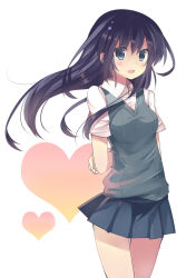 Rule 34 | 1girl, arms behind back, bad id, bad pixiv id, black hair, blue eyes, blush, heart, highres, long hair, looking at viewer, mishima kurone, open mouth, original, school uniform, shirt, short sleeves, skirt, smile, solo, standing, sweater vest, white shirt