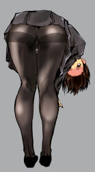 Rule 34 | 1girl, ass, bent over, brown eyes, brown hair, commentary request, crotch seam, flexible, full body, grey jacket, grey skirt, headband girl (kamisimo 90), jacket, kamisimo 90, kneepits, leaning forward, legs, long sleeves, looking at viewer, looking back, original, panties, panties under pantyhose, pantyhose, pleated skirt, short hair, skirt, thighband pantyhose, underwear