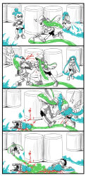 Rule 34 | 1boy, 2girls, 4koma, ^^^, attack, bike shorts, blood, blue eyes, blue hair, calligraphy brush, comic, fallen down, green eyes, green hair, head smash, highres, holding, holding weapon, ink tank, ink tank (splatoon), inkbrush (splatoon), inkling, inkling boy, inkling girl, inkling player character, layered clothes, layered sleeves, long hair, long sleeves, lying, multiple girls, nintendo, on side, oversized object, paint splatter, paintbrush, pointy ears, shirt, short hair, short over long sleeves, short sleeves, splatoon (series), splatoon 1, splattershot (splatoon), standing, super soaker, sweatdrop, t-shirt, tentacle hair, top-down bottom-up, topknot, tsuna (al dente), weapon