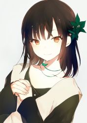 Rule 34 | 1girl, black hair, black shirt, brown eyes, closed mouth, collarbone, flower, green flower, grey background, hair flower, hair ornament, hands up, long hair, long sleeves, looking at viewer, lpip, original, own hands together, shirt, simple background, sleeves past wrists, smile, solo, upper body