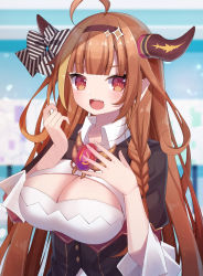 Rule 34 | 1girl, :d, absurdres, ahoge, black jacket, blunt bangs, blurry, blurry background, bow, braid, breasts, brown hair, brown hairband, cleavage, depth of field, diagonal stripes, dragon horns, fang, hair ornament, hairband, highres, hololive, horn bow, horn ornament, horns, jacket, kiryu coco, kiryu coco (1st costume), large breasts, long hair, open mouth, pointy ears, puffy short sleeves, puffy sleeves, red eyes, sapphire (sapphire25252), short sleeves, skin fang, smile, solo, striped, striped bow, upper body, v-shaped eyebrows, very long hair, virtual youtuber
