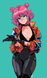 Rule 34 | 1girl, aqua background, aqua eyes, black gloves, black pants, borrowed character, breasts, choker, cleavage, closed mouth, commentary, cowboy shot, dated, david liu, double bun, english commentary, glasses, gloves, hair bun, highres, jacket, looking at viewer, lulu (luulubuu), medium breasts, medium hair, open clothes, open jacket, orange jacket, original, pants, pink hair, signature, simple background, smile, solo