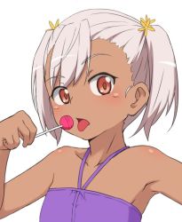 Rule 34 | 1girl, alternate hairstyle, armpits, bad id, bad twitter id, bubukka, candy, chloe von einzbern, dark skin, dark-skinned female, fate/kaleid liner prisma illya, fate (series), food, inactive account, lollipop, looking at viewer, open mouth, pink hair, red eyes, short hair, simple background, solo, tongue, tongue out, twintails, upper body, white background