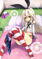 Rule 34 | 10s, 1girl, black panties, blonde hair, brown eyes, elbow gloves, gloves, kantai collection, legs, long hair, long legs, panties, personification, pochadon, shimakaze (kancolle), skirt, skirt around one leg, solo, striped clothes, striped thighhighs, thighhighs, thighs, underwear, white gloves