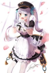 Rule 34 | 1girl, apron, blue eyes, blush, bow, bowtie, dated, dress, frilled dress, frills, gloves, hat, heart, heart hands, heterochromia, highres, kagura gumi, kagura mea, long hair, looking at viewer, maid, maid apron, o-ring, open mouth, orange eyes, petals, ribbon, shasminnyan, sidelocks, signature, silver hair, smile, solo, thigh strap, twintails, very long hair, virtual youtuber