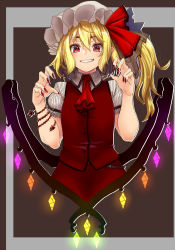 Rule 34 | 1girl, arm belt, ascot, buttons, claw pose, commentary request, flandre scarlet, haiiro gundan, hat, hat ribbon, highres, long hair, looking at viewer, mob cap, nail polish, pointy ears, puffy short sleeves, puffy sleeves, red ascot, red eyes, red nails, red ribbon, red skirt, ribbon, short sleeves, side ponytail, skirt, skirt set, smile, solo, teeth, touhou, upper body, vest, wing collar, wings