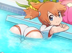 Rule 34 | 1girl, 2018, ass, bad id, bad pixiv id, bare arms, bare shoulders, bent over, blue eyes, closed mouth, creatures (company), dutch angle, game freak, gym leader, hair between eyes, highres, looking at viewer, merunyaa, misty (pokemon), nintendo, one-piece swimsuit, partially submerged, pokemon, pokemon lgpe, ponytail, pool, short ponytail, smile, solo, swimsuit, water, watermark, wet, white one-piece swimsuit