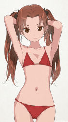 Rule 34 | 1girl, absurdres, akagi (fmttps), armpits, arms up, artist name, bikini, black ribbon, brown eyes, brown hair, closed mouth, commentary, cowboy shot, flat chest, girls und panzer, grey background, hair ribbon, hands in hair, highres, kadotani anzu, light smile, long hair, looking at viewer, navel, parted bangs, red bikini, ribbon, solo, standing, string bikini, swimsuit, twintails, twitter username