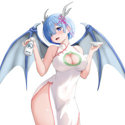 Rule 34 | 1girl, 2024, absurdres, alternate costume, blue eyes, blue hair, bottle, breasts, china dress, chinese clothes, chinese zodiac, cleavage, cleavage cutout, clothing cutout, commentary request, commission, dragon girl, dragon horns, dragon wings, dress, female focus, gibun (sozoshu), highres, holding, holding bottle, horns, large breasts, looking at viewer, matching hair/eyes, pixiv commission, re:zero kara hajimeru isekai seikatsu, rem (re:zero), sleeveless, sleeveless dress, solo, white dress, wings, year of the dragon