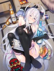 Rule 34 | 1girl, absurdres, ahoge, alcohol, antenna hair, arm up, armpits, bare shoulders, black thighhighs, blue eyes, blush, breasts, chips (food), choker, cleavage, cup, detached sleeves, drunk, feet, food, gauntlets, hair between eyes, hair over shoulder, high school dxd, highres, large breasts, lipstick, long hair, looking at viewer, lying, makeup, nail polish, on floor, pink nails, rossweisse, silver hair, smile, solo, stuffed toy, thighhighs, thighs, very long hair