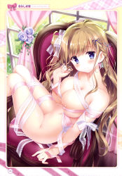 Rule 34 | 1girl, absurdres, areola slip, arm at side, armchair, artist name, bare shoulders, blue eyes, blush, bow, braid, breasts, chair, closed mouth, collarbone, covered erect nipples, curtains, dengeki moeou, earmuffs, fingernails, flower, glint, groin, hair bow, twirling hair, highres, kimishima ao, lace-trimmed bow, lace trim, large breasts, legs together, light brown hair, long hair, looking at viewer, naked ribbon, navel, pink ribbon, purple flower, purple rose, ribbon, rose, scan, shiny skin, side braid, side ponytail, single hair intake, smile, solo, stomach, tareme, wavy hair, window