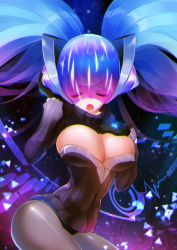 Rule 34 | 1girl, alternate costume, breasts, bursting breasts, cleavage, closed eyes, dj sona, female focus, gradient background, hamifr, large breasts, league of legends, md5 mismatch, open mouth, pantyhose, resized, solo, sona (league of legends)