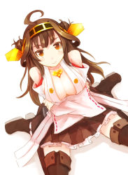 Rule 34 | 10s, bad id, bad pixiv id, between breasts, boots, breasts, brown eyes, brown hair, comah, cup, detached sleeves, double bun, hairband, kantai collection, kongou (kancolle), looking at viewer, nontraditional miko, pleated skirt, ryuuri (aoithigo), skirt, solo, tea, thigh boots, thighhighs, white background, zettai ryouiki