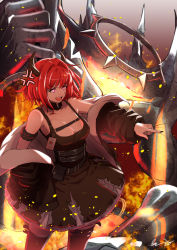 Rule 34 | 1girl, anger vein, arknights, bare shoulders, black dress, black jacket, black nails, black thighhighs, breasts, cleavage, commentary, cowboy shot, dress, hair intakes, highres, horns, jacket, large breasts, nail polish, off shoulder, open clothes, open jacket, open mouth, pointing, purple eyes, red hair, samacho, short hair, sleeveless, sleeveless dress, solo, standing, surtr (arknights), thighhighs, v-shaped eyebrows