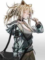Rule 34 | 1girl, alternate costume, animal ears, arknights, bag, black choker, black shirt, blonde hair, breasts, candy, choker, cleavage, cowboy shot, eating, food, from side, grey jacket, highres, jacket, large breasts, lion ears, lollipop, long hair, long sleeves, looking at viewer, looking to the side, open clothes, open jacket, ponytail, shirt, shoulder bag, siege (arknights), simple background, solo, wen54, white background, yellow eyes