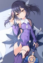 Rule 34 | 1girl, bare shoulders, black hair, blush, breasts, brown eyes, cape, card, card holster, detached sleeves, fate/kaleid liner prisma illya, fate (series), feather hair ornament, feathers, hair ornament, hairclip, highres, kaleidostick, leotard, long hair, looking at viewer, magical sapphire, miyu edelfelt, purple leotard, purple sleeves, purple thighhighs, sashimi nasu, sidelocks, small breasts, thighhighs, thighs, twintails, wand, white cape