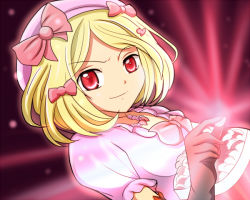 Rule 34 | 00s, 1girl, aitaso, blonde hair, bow, candy, dress, elbow gloves, food, gloves, hair bow, hat, jewelry, lambdadelta, multiple hair bows, necklace, pink hat, red eyes, short hair, smirk, solo, umineko no naku koro ni