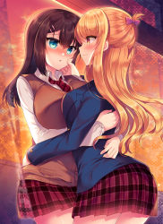 Rule 34 | 2girls, ass, black hair, blazer, blonde hair, blue jacket, blush, bow, breasts, cardigan vest, closed mouth, collared shirt, commentary request, diagonal-striped clothes, diagonal-striped necktie, green eyes, hair between eyes, hair bow, hair ornament, hairclip, hand on another&#039;s face, highres, hug, indoors, jacket, large breasts, long hair, medium breasts, multiple girls, necktie, open clothes, open jacket, original, parted lips, plaid, plaid skirt, pleated skirt, purple bow, purple skirt, red eyes, red necktie, school uniform, shirt, skirt, smile, striped clothes, sunset, suzunone rena, very long hair, white shirt, window, yuri