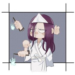 Rule 34 | 1boy, alternate costume, alternate hairstyle, chibi, cropped legs, disembodied limb, ghost costume, hair down, halloween costume, highres, hunter x hunter, japanese clothes, kimono, long hair, looking to the side, male focus, ponytail, pout, purple hair, ry1ouzi 1saiban, shoot mcmahon, solo, spirit, white kimono