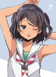 Rule 34 | 1girl, arms up, black eyes, black hair, braid, dress, green eyes, highres, kantai collection, looking at viewer, mole, mole under eye, one eye closed, sailor dress, sakanade fish, scirocco (kancolle), short hair, sleeveless, sleeveless dress, solo, tan, tears, two side up, upper body, white dress