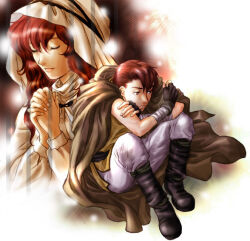 Rule 34 | 1boy, 1girl, black footwear, brown cape, cape, closed eyes, fire emblem, fire emblem: mystery of the emblem, fire emblem: shadow dragon and the blade of light, hood, julian (fire emblem), lena (fire emblem), nintendo, own hands together, pants, red eyes, red hair, sitting, smile, usachu now, white hood, white pants, zoom layer