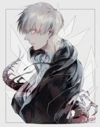 Rule 34 | 1boy, black jacket, bug, centipede, closed mouth, collarbone, commentary request, from side, grey background, grey hair, hood, hood down, hooded jacket, jacket, kaneki ken, koujima shikasa, long sleeves, male focus, red eyes, short hair, simple background, solo, tail, tokyo ghoul, upper body, white background