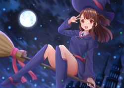 Rule 34 | 10s, 1girl, blush, boots, broom, broom riding, brown hair, building, cloud, dress, flying, hat, highres, kagari atsuko, kazenokaze, little witch academia, long hair, moon, night, open mouth, sky, solo, star (symbol), teeth, witch, witch hat