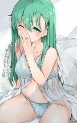 Rule 34 | 10s, 1girl, aqua hair, babydoll, blue panties, blush, breasts, cole (coleltu), female focus, hair ornament, hairclip, kantai collection, large breasts, long hair, one eye closed, open mouth, panties, solo, suzuya (kancolle), underwear, yawning