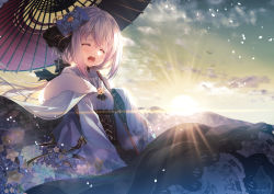 Rule 34 | 1girl, animal, bird, black skirt, blue bow, blue kimono, bow, breasts, closed eyes, cloud, facing viewer, floral print, fur trim, hair between eyes, hair bow, highres, japanese clothes, kimono, long sleeves, mountain, oil-paper umbrella, open mouth, original, outdoors, red umbrella, shouna mitsuishi, silver hair, skirt, sky, sleeves past fingers, sleeves past wrists, small breasts, solo, sunrise, tears, umbrella, wide sleeves