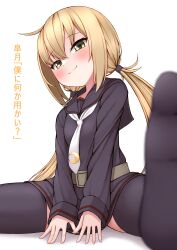Rule 34 | 1girl, absurdres, black sailor collar, black serafuku, black skirt, black thighhighs, blonde hair, blush, closed mouth, commentary request, crescent, crescent pin, fingernails, hair between eyes, highres, kantai collection, long hair, long sleeves, low twintails, necktie, sailor collar, satsuki (kancolle), school uniform, serafuku, simple background, skirt, smile, solo, thighhighs, tiemu (man190), twintails, white background, white necktie, yellow eyes