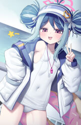 1girl antenna_hair blue_archive blue_hair blush breasts covered_navel cowboy_shot double_bun fubuki_(blue_archive) fubuki_(swimsuit)_(blue_archive) grey_hair hair_bun halo highres jacket long_sleeves looking_at_viewer metaljelly multicolored_hair official_alternate_costume one-piece_swimsuit open_clothes open_jacket open_mouth pink_halo red_eyes school_swimsuit short_hair small_breasts smile solo star_(symbol) swimsuit v whistle whistle_around_neck white_jacket white_one-piece_swimsuit