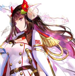 Rule 34 | 1girl, aiguillette, azur lane, belt, breasts, brown hair, cleavage, coat, commentary request, curled horns, double-breasted, dress, epaulettes, expressionless, flower, fuzichoco, hair flower, hair ornament, highres, horns, jacket, jacket on shoulders, long hair, looking at viewer, medium breasts, military, military uniform, purple eyes, sheath, sheathed, signature, solo, suruga (azur lane), sword, branch, uniform, upper body, weapon, white background, white coat, white dress